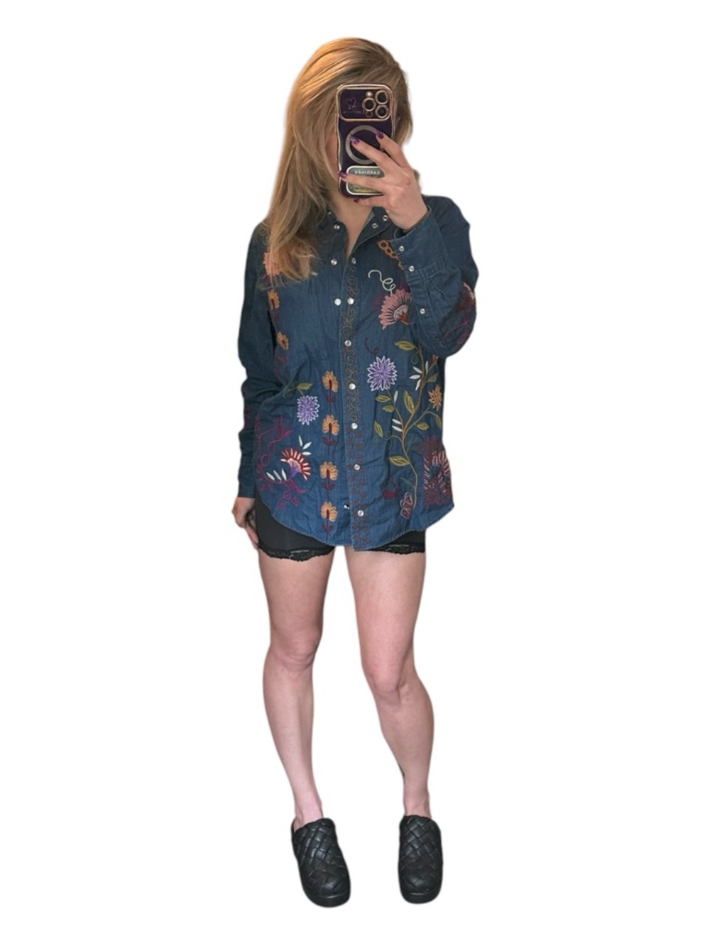 NWT Johnny Was Navy Blue Floral Embroidered Snap Button-Down Shirt Size Small - Picture 6 of 6